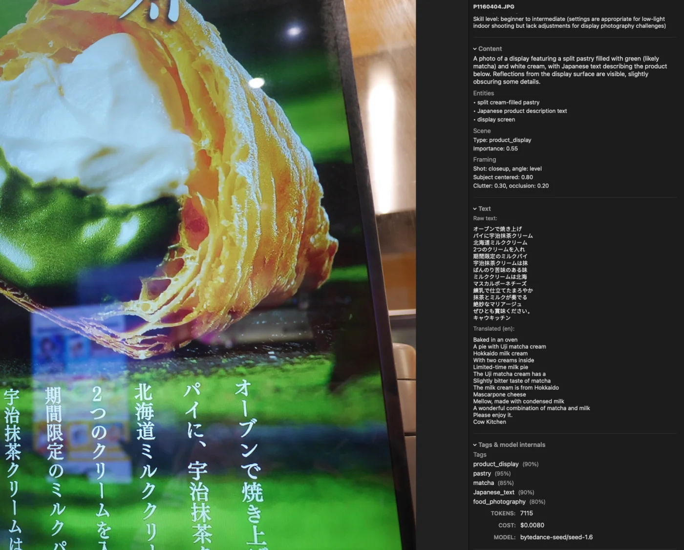 Full AI analysis sidebar alongside the selected photo