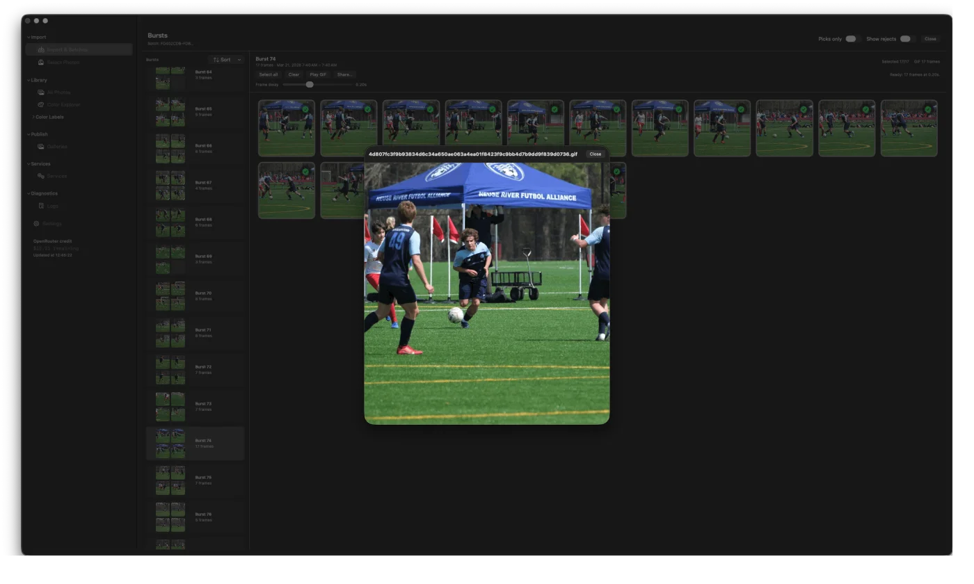 Burst strip showing multiple frames with the recommended best frame highlighted