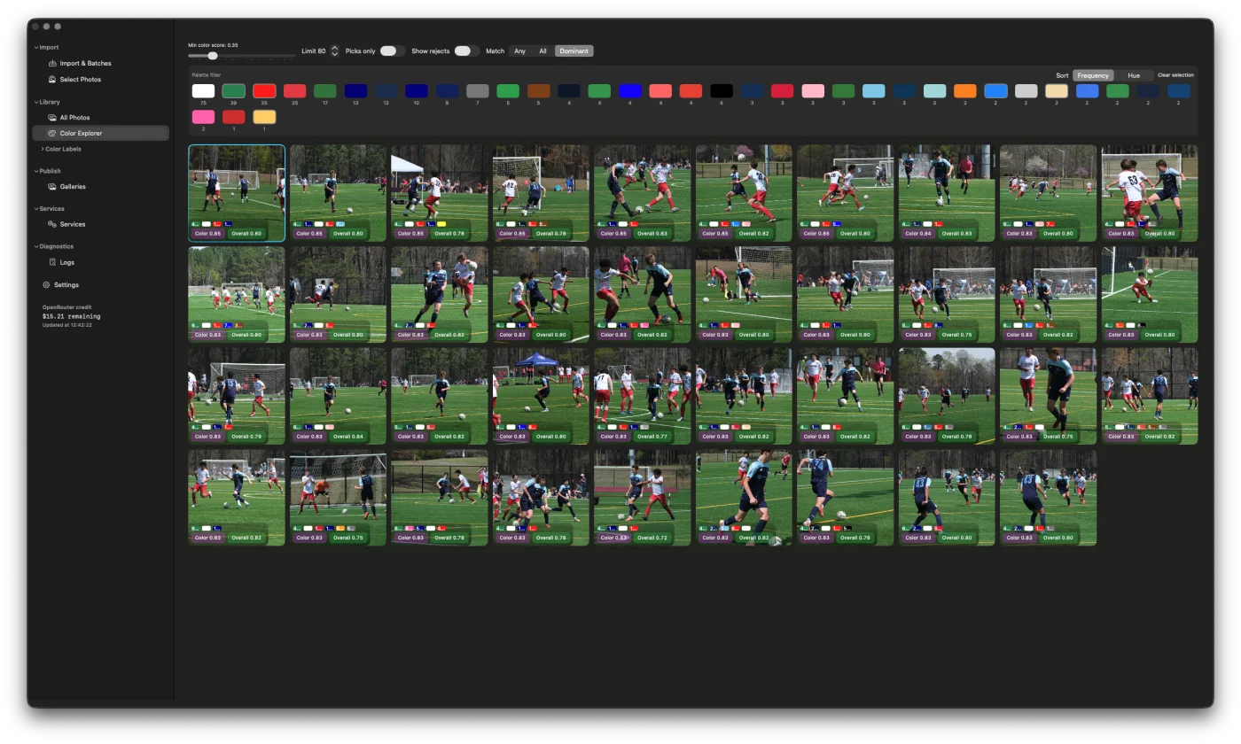 Color Explorer showing palette swatches and filtered photo grid of warm-toned images