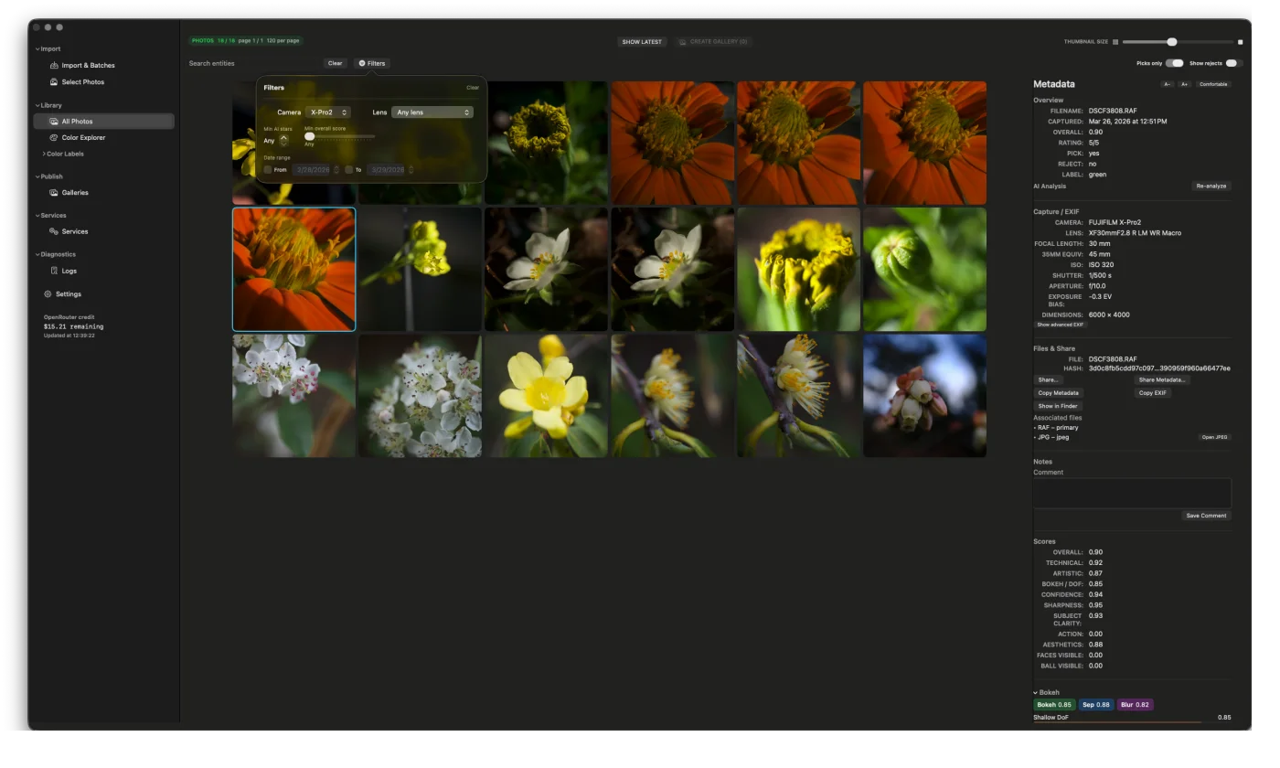 Library grid filtered to green picks label showing curated keeper shots