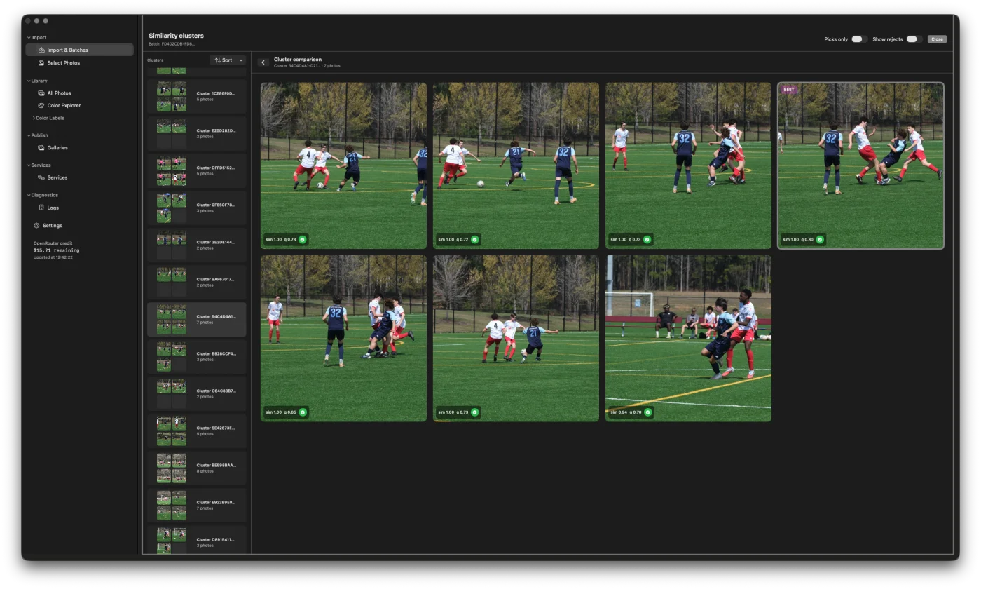 Similarity cluster view comparing two near-duplicate frames side by side